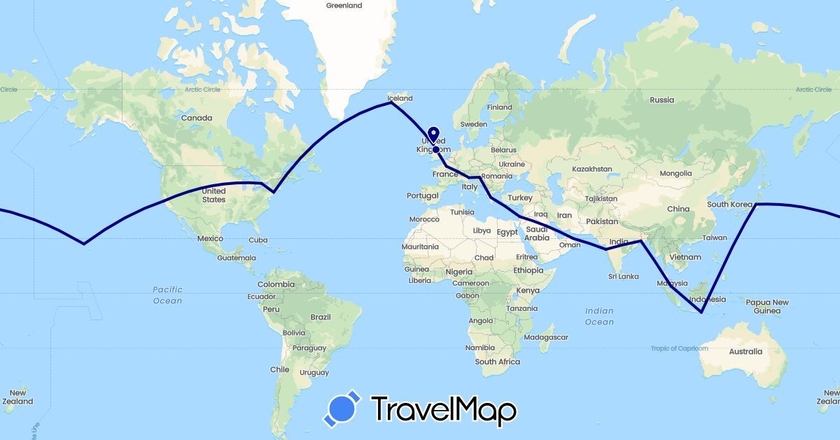 TravelMap itinerary: driving in Canada, France, United Kingdom, Greece, Croatia, Indonesia, Israel, India, Iceland, Italy, Japan, Malaysia, Oman, Singapore, United States (Asia, Europe, North America)